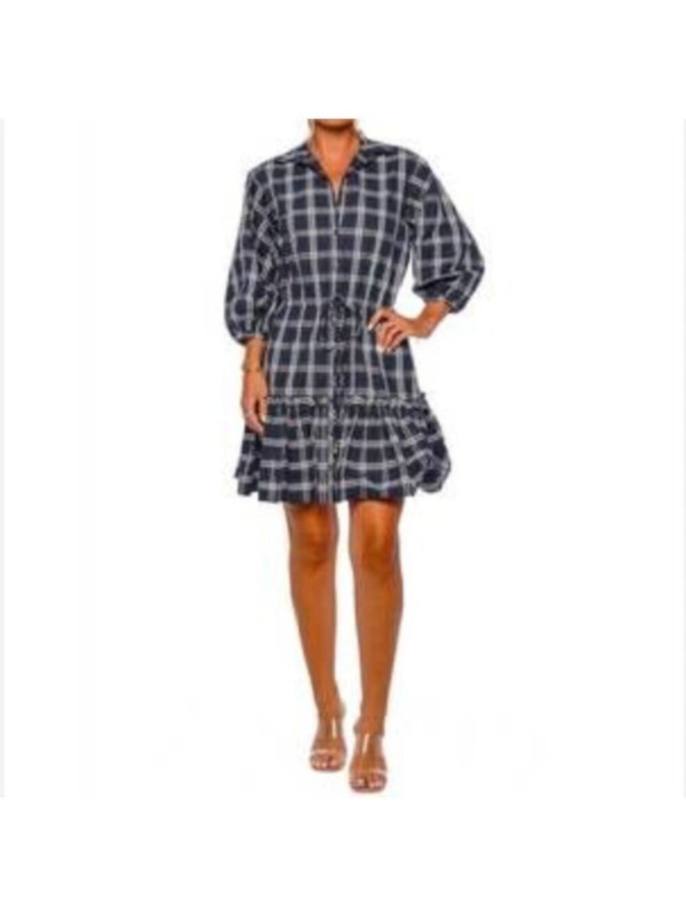 Cara Cara Robin Dress Womens XS Blue Plaid Ruffle Hem Shirt 3/4 Sleeve